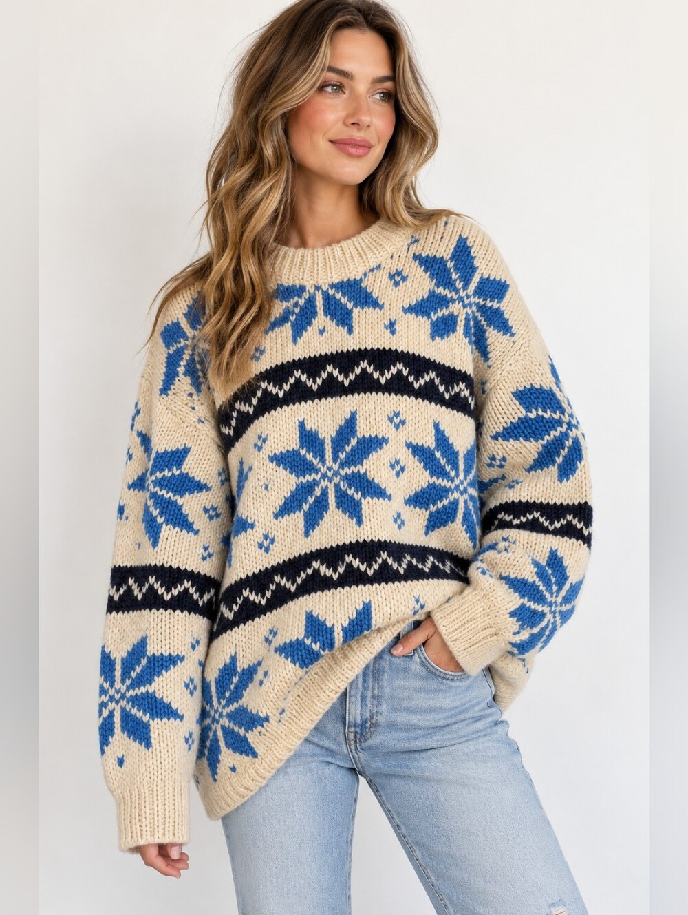 Avevo Americana 100% Wool Fair Isle Snowflake Chunky Knit Sweater